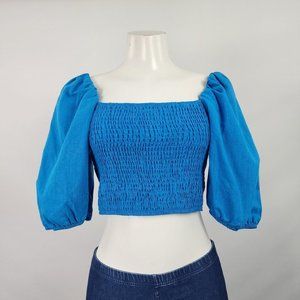 Zara Blue Puff Sleeve Ruched Crop Top - S/M